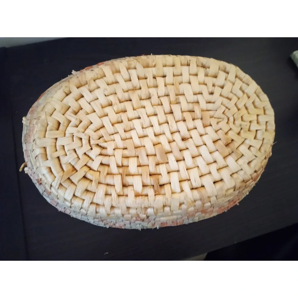 Woven Straw Oval Basket with‎ Handles Natural Orange Green Boho Decor